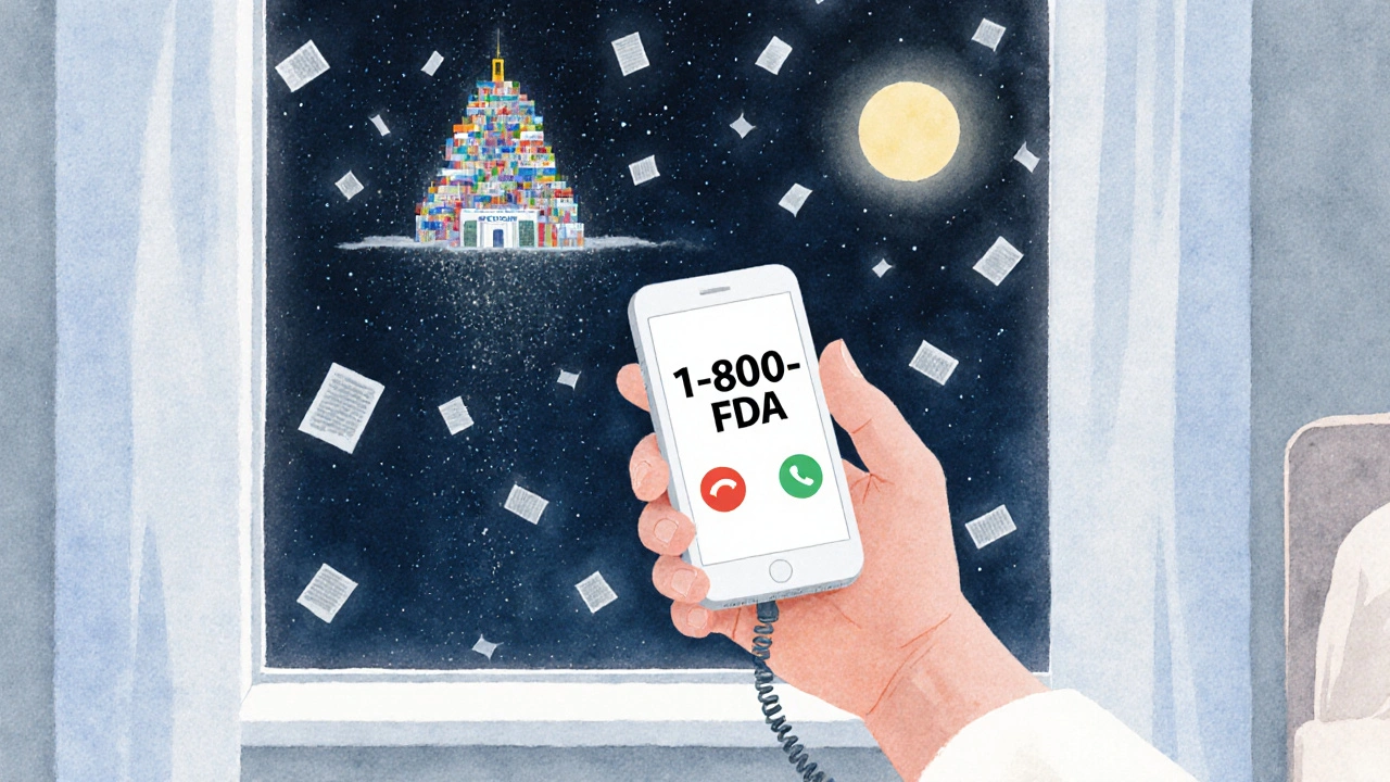 A hand calling the FDA hotline at night as floating reports rise like fireflies toward a celestial building.