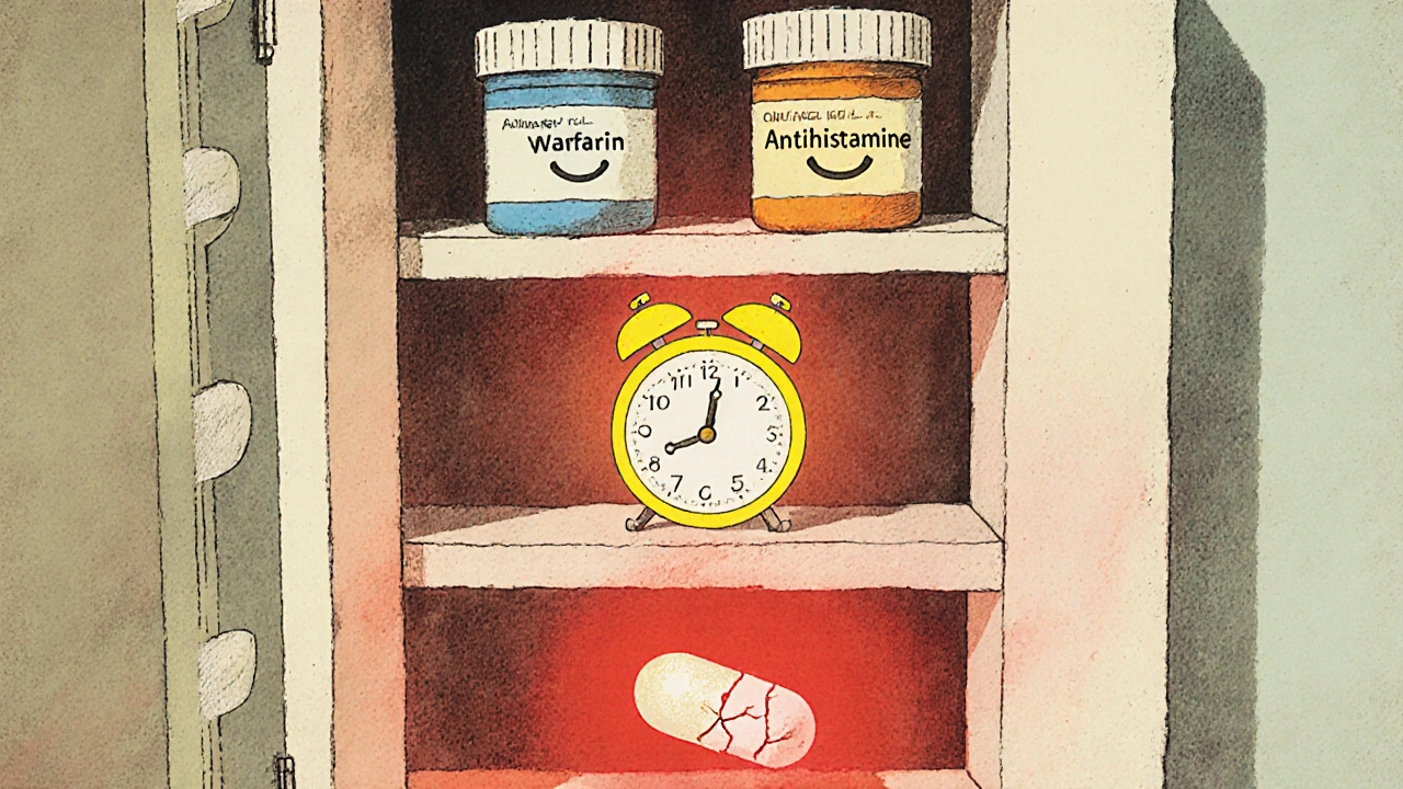 A medicine cabinet with safe pills on top and an expired, glowing dangerous pill in the middle.