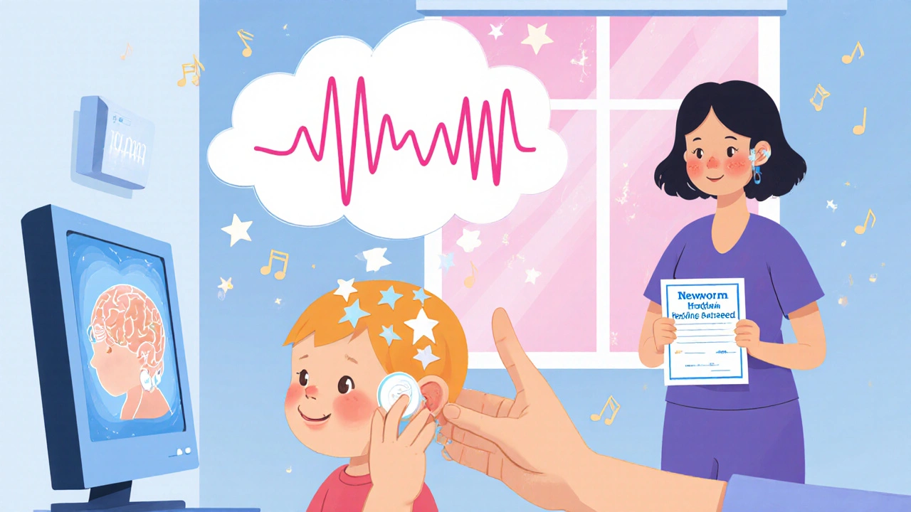 A newborn undergoes a gentle hearing screening with glowing brainwave patterns and a parent watching lovingly.