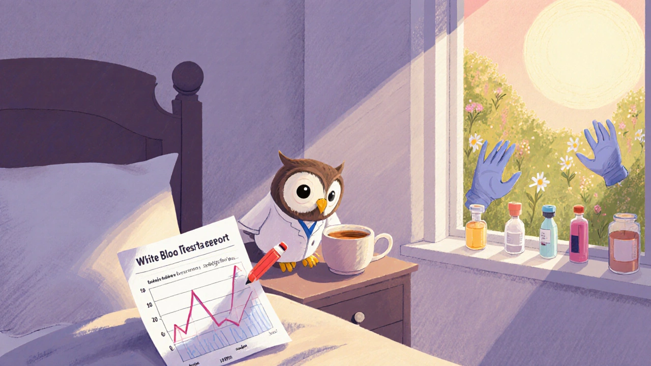 A patient checking blood test results at dawn, guided by a doctor owl, with preventive care items visible outside the window.
