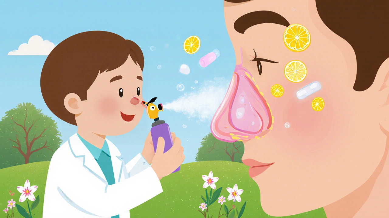 A patient learning correct nasal spray technique with citrus helpers.