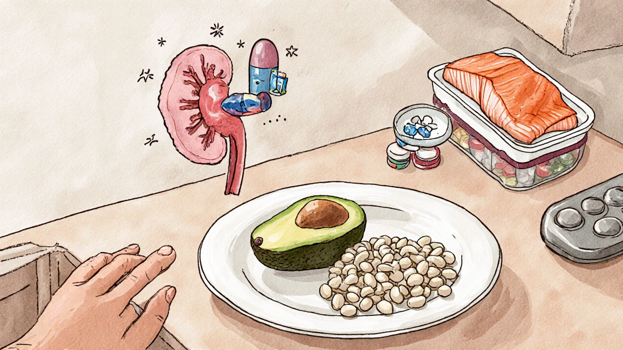 A patient’s kitchen with potassium-rich foods and heart failure medications arranged neatly under soft light.