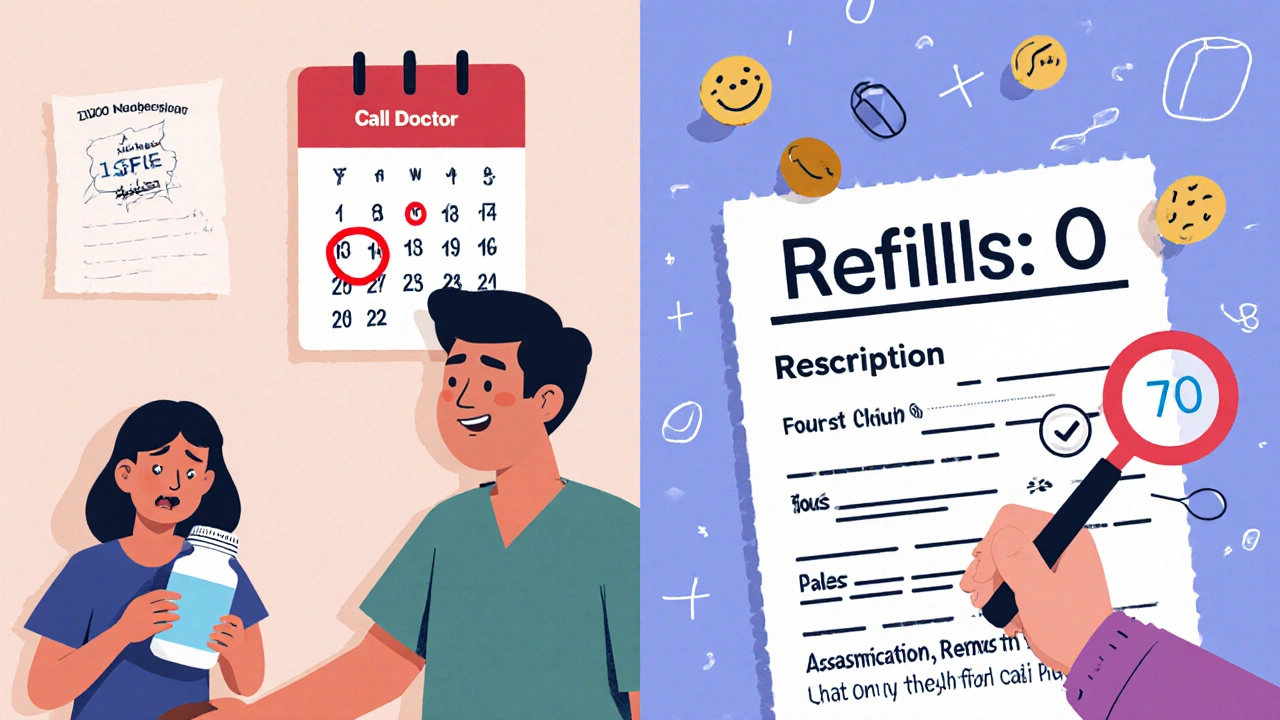 A person comparing an empty pill bottle with a calendar reminder to call the doctor.