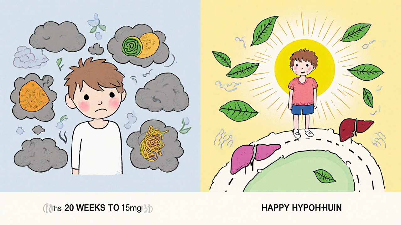 A person transforms from tired to energetic, with glowing symbols of improved metabolism along a 20-week journey.