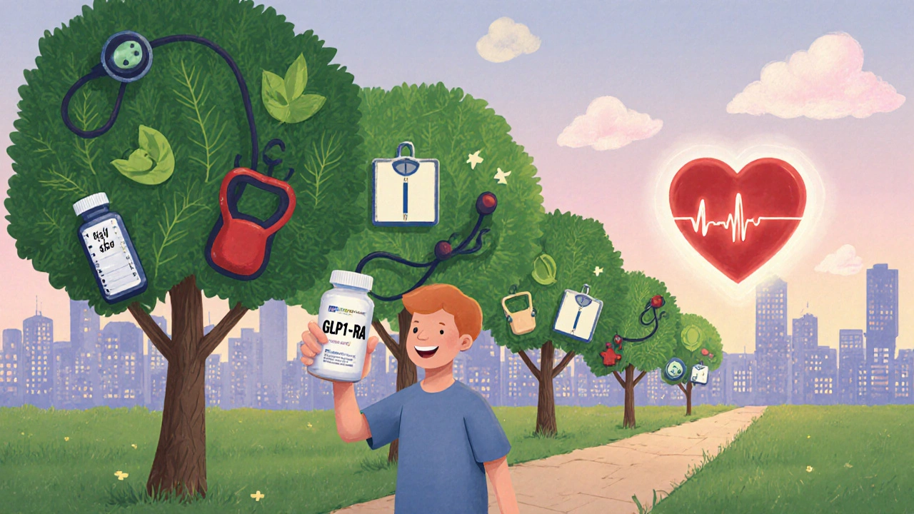 A person walking on a path with trees representing health benefits, a friendly heart floating beside them.