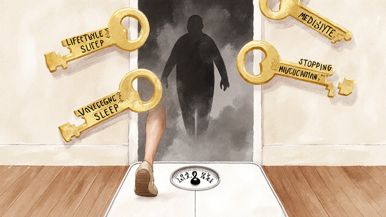 A person walks into a healthy lifestyle doorway as golden keys float around them, leaving behind weight regain.