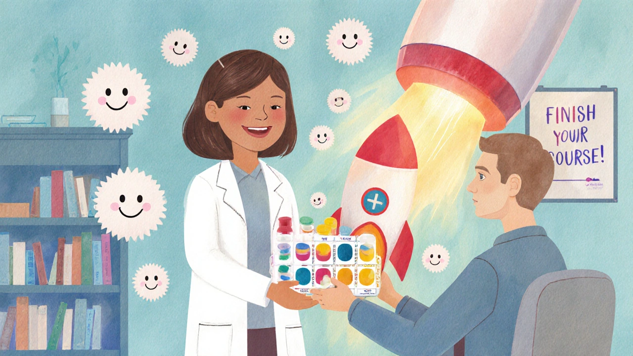 A pharmacist giving a rocket-shaped pill organizer to a patient, smiling probiotic yogurt dots floating nearby.