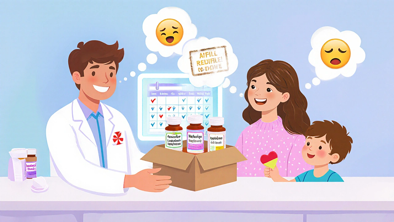 A pharmacist hands generic medications to a young mother and her child in a colorful, cheerful pharmacy.