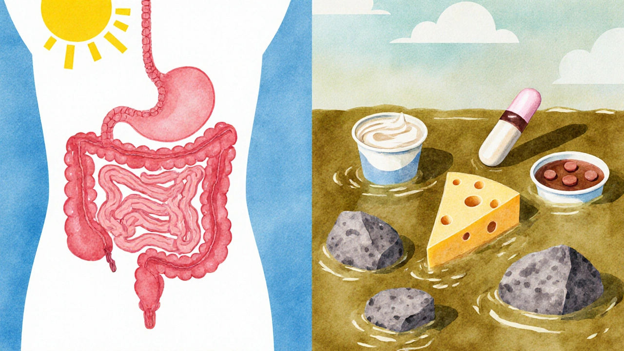 A pill struggling to pass through a greasy food-filled stomach versus smoothly moving through an empty one.