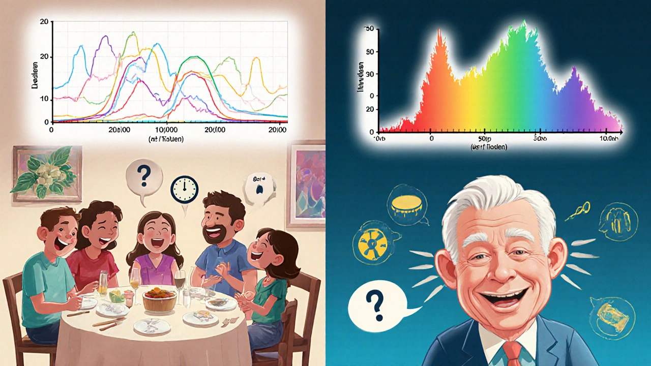 A split scene shows clear hearing versus muffled sounds, with a colorful decibel scale illustrating hearing loss levels.