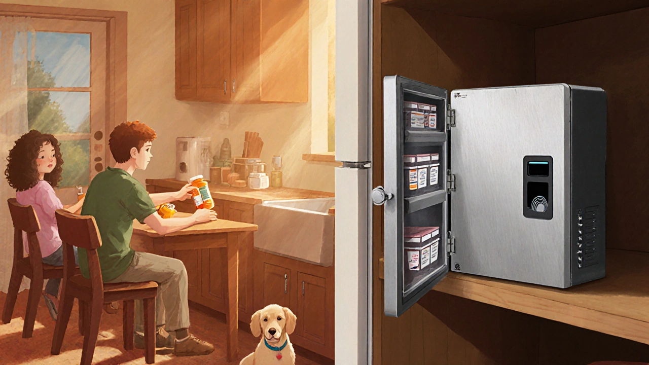 A teenager near a counter with pills, but a secure biometric lockbox is visible nearby.