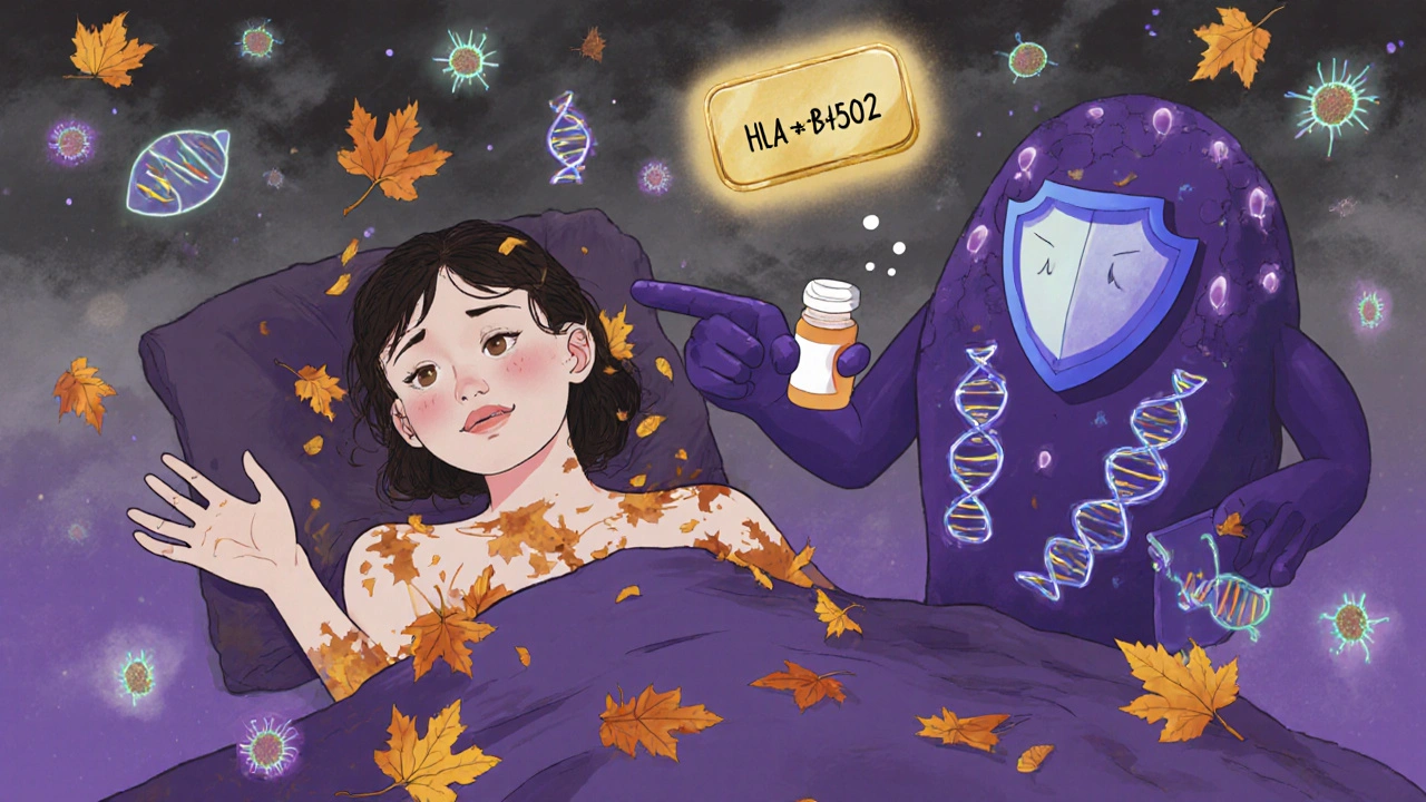 A woman’s skin peeling like leaves while DNA strands and immune cells float around a tiny antibiotic pill.