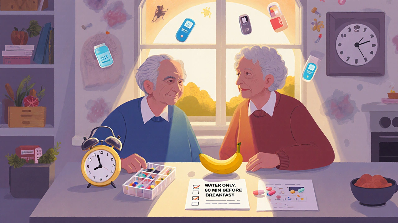 An elderly couple taking medication with water and a banana, guided by a labeled pill organizer and sunrise light.