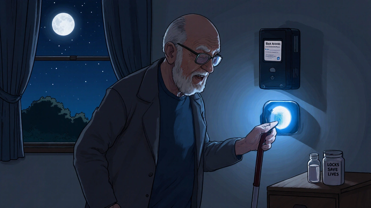 An elderly man opening a fingerprint lockbox at night with a phone notification visible.