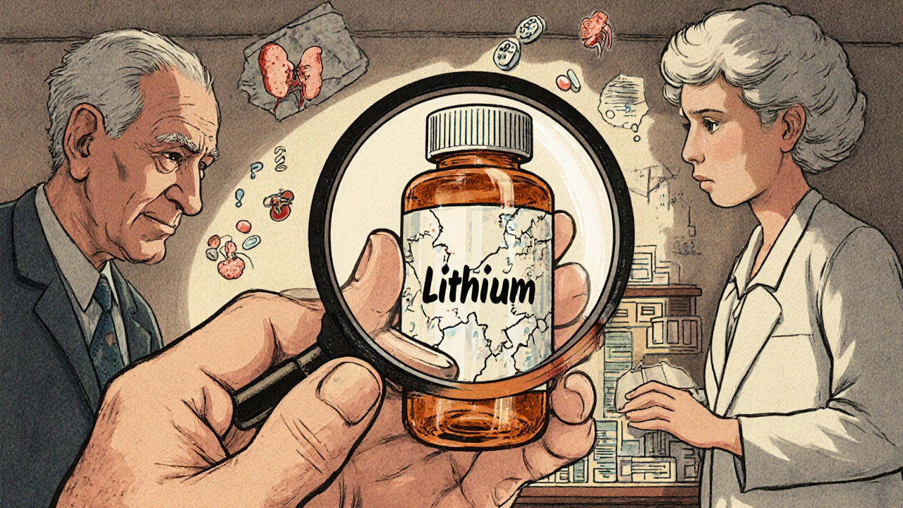 An elderly person holding an expired lithium bottle as invisible toxic shards appear under magnification.