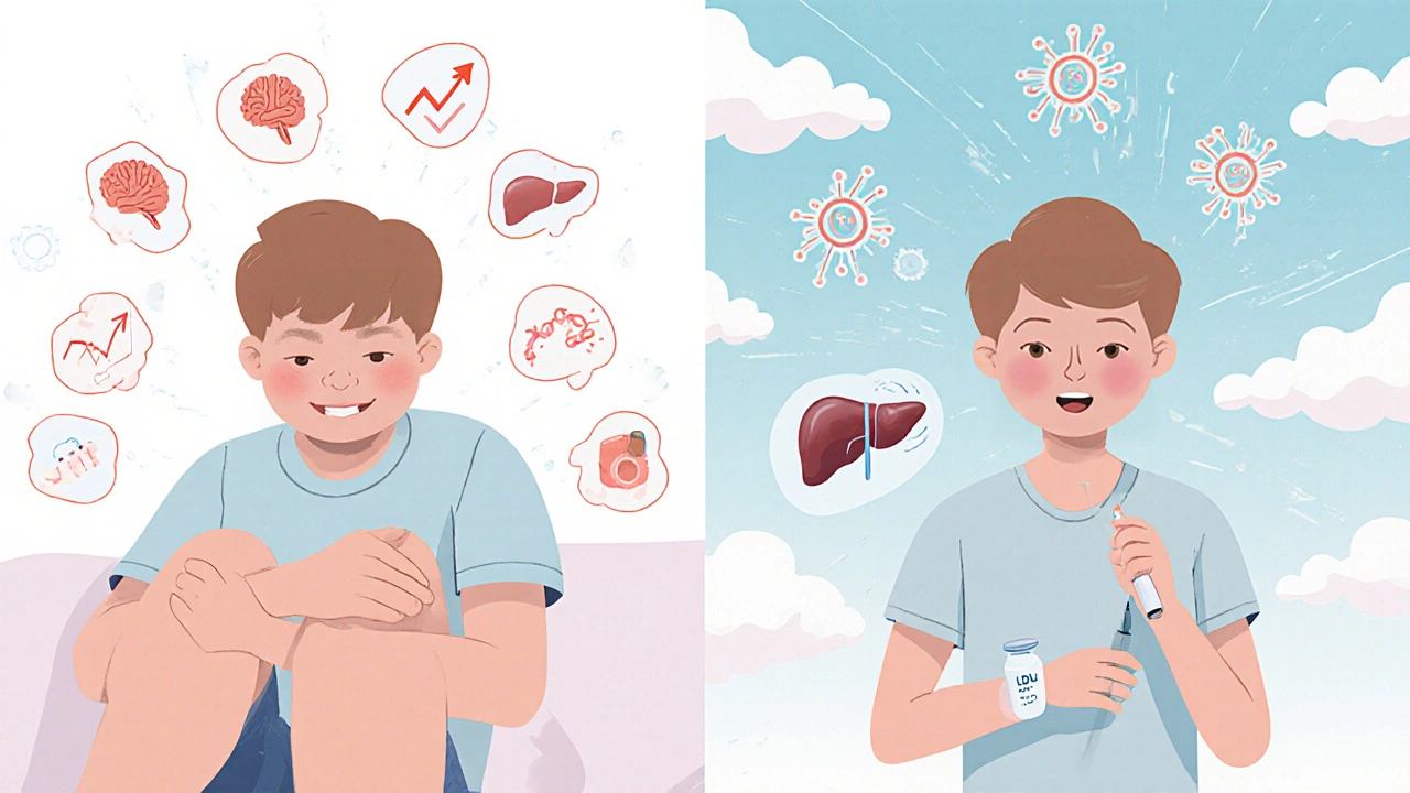 Contrasting scenes of muscle pain from statins versus relief from PCSK9 inhibitor injection in a gentle storybook style.