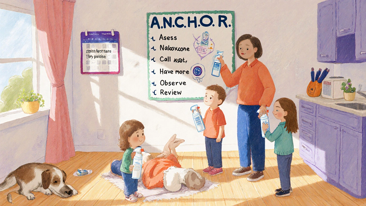 Family practicing overdose response with a mannequin, following an illustrated A.N.C.H.O.R. emergency steps chart.
