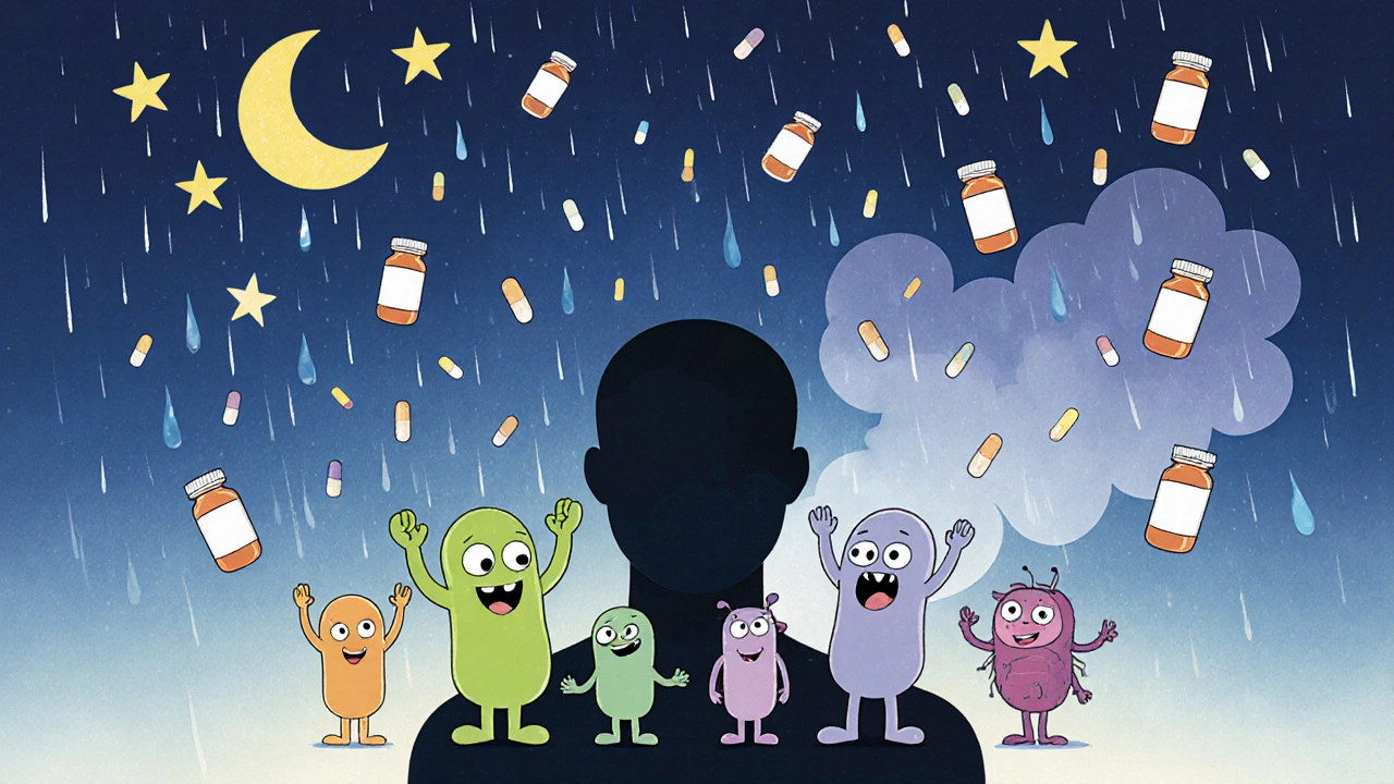 Friendly and hostile microbes on a human silhouette, pills raining down as resistant bacteria fade into smoke.