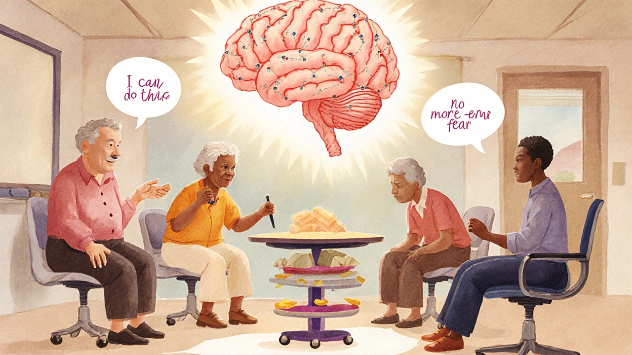 Group of older adults doing vestibular exercises in a circle, with a glowing brain illustration showing neural connections.