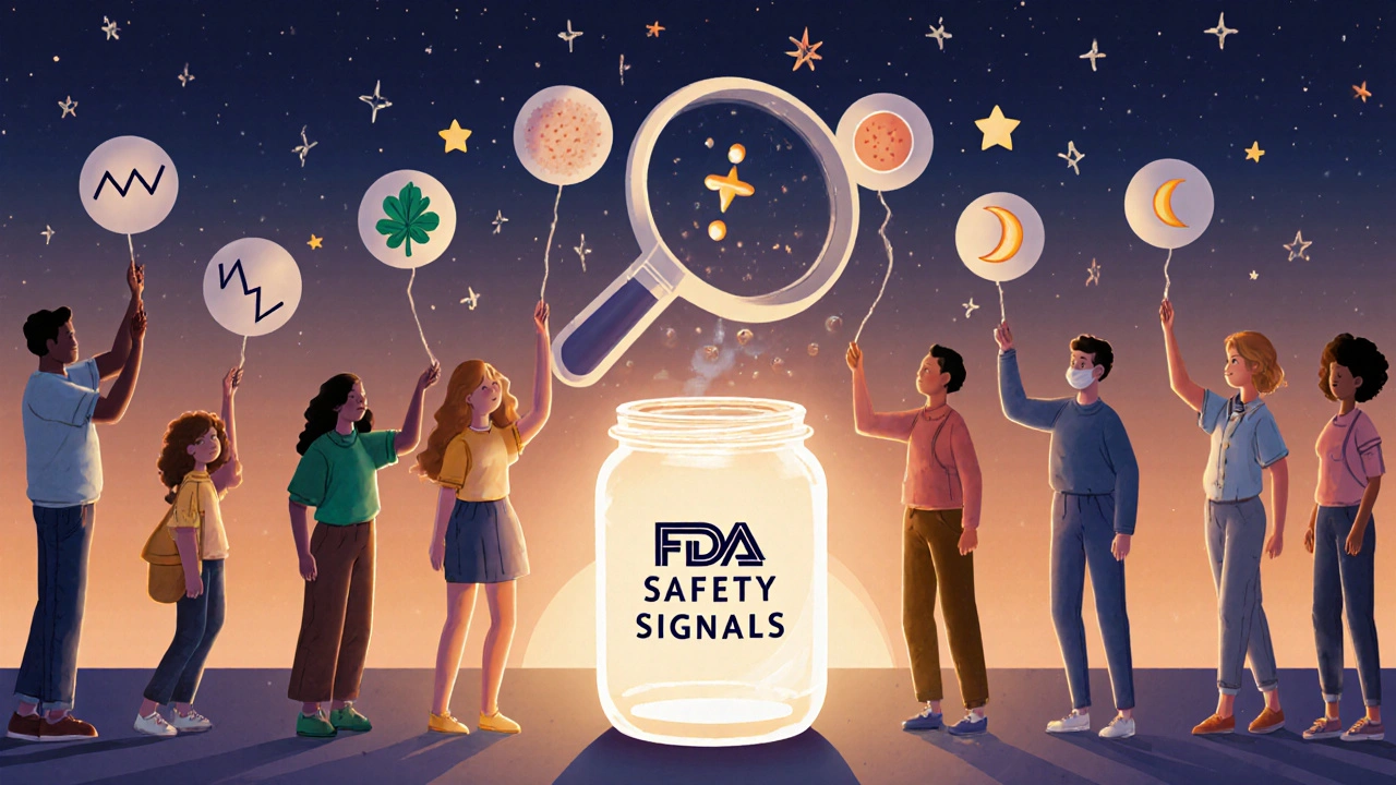 People passing unique symptoms into a glowing jar labeled &#039;FDA Safety Signals&#039; in a warm, dreamy scene.