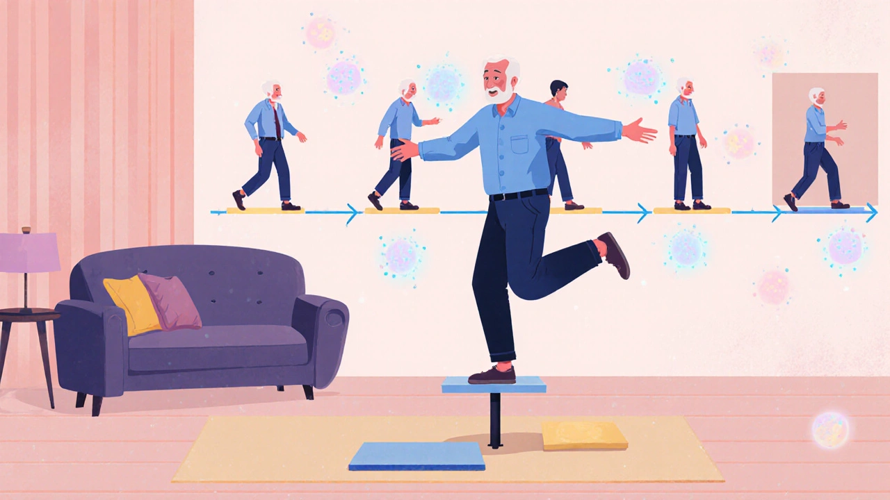 Senior man balancing on one foot near a sofa, practicing balance retraining with supportive environment.