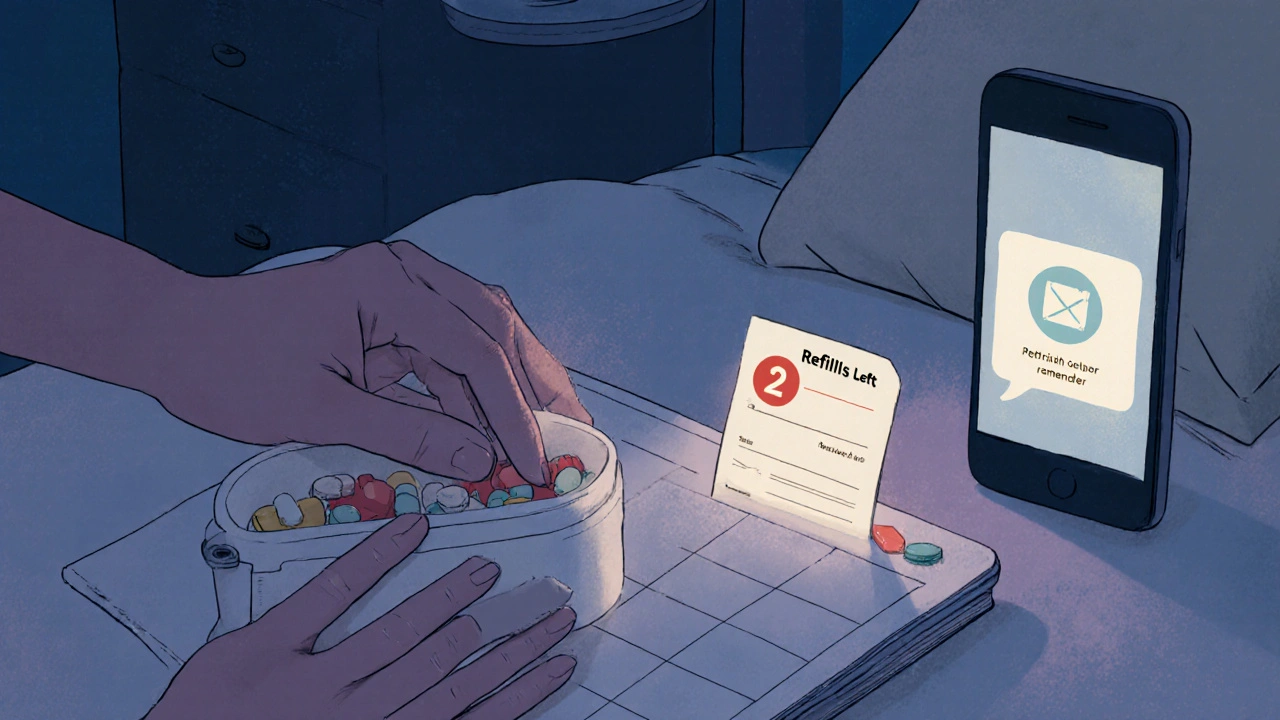 Someone organizing pills at night with a glowing prescription label showing remaining refills.