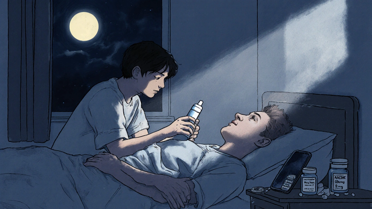 Teenager administering naloxone to an unresponsive adult at night, with pill bottles visible on the nightstand.