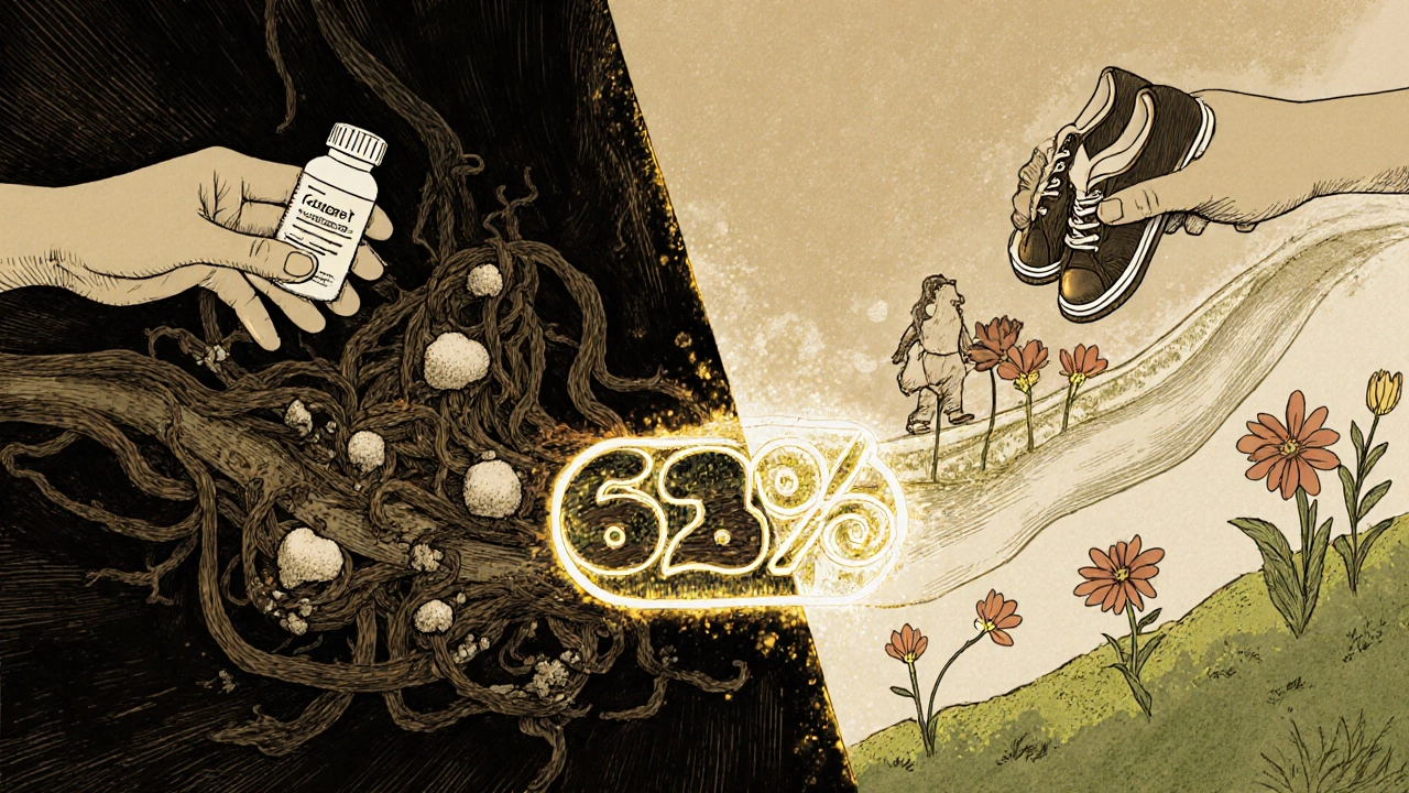 Two hands connecting across a split landscape—one side diseased, the other healed—with a glowing 63% bridge.