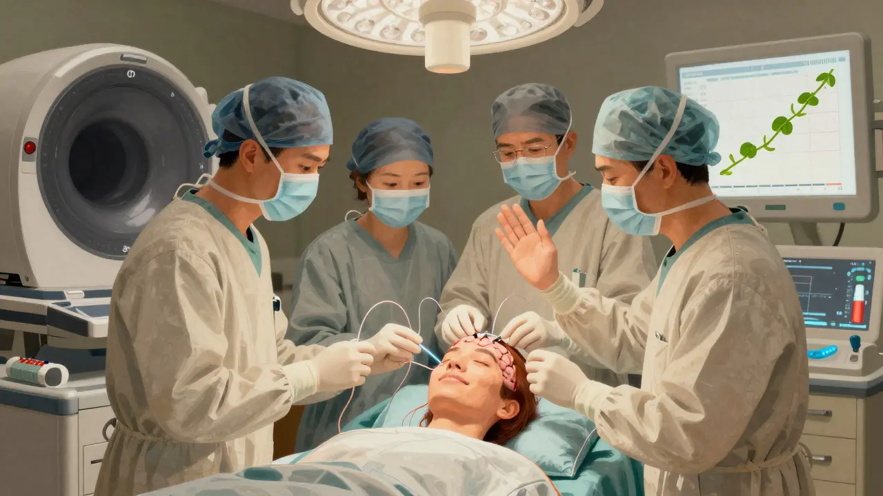 A calm patient during awake brain surgery, with glowing wires and floating medical icons in a gentle storybook scene.