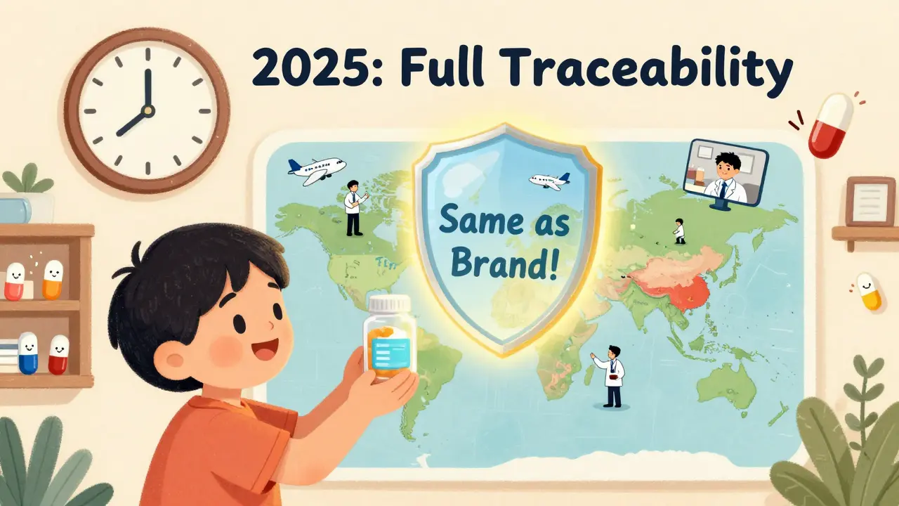 A child holds a pill bottle that turns into a shield labeled 'Same as Brand!' while inspectors visit factories worldwide.