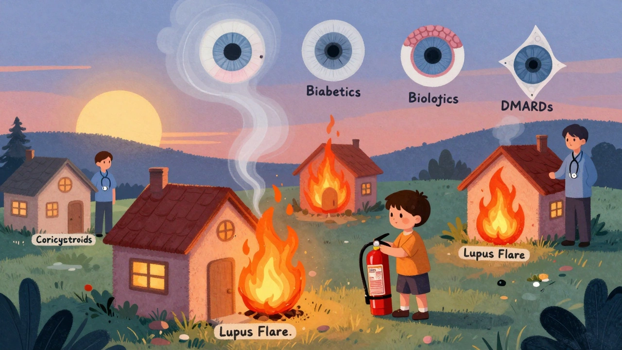A child uses a corticosteroid fire extinguisher on a lupus flare, while slower, safer treatments glow in the distance under twilight.