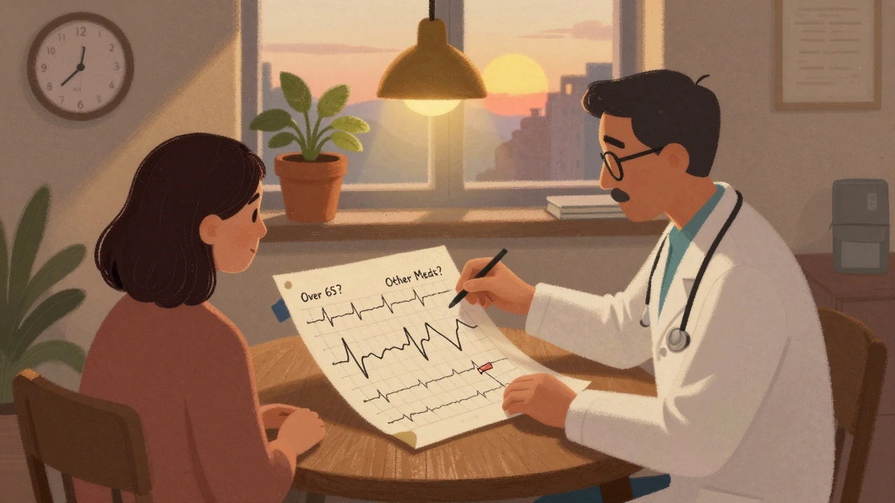 A doctor and patient reviewing an ECG chart under a warm lamp, with symbols of risk factors nearby and sunrise outside.