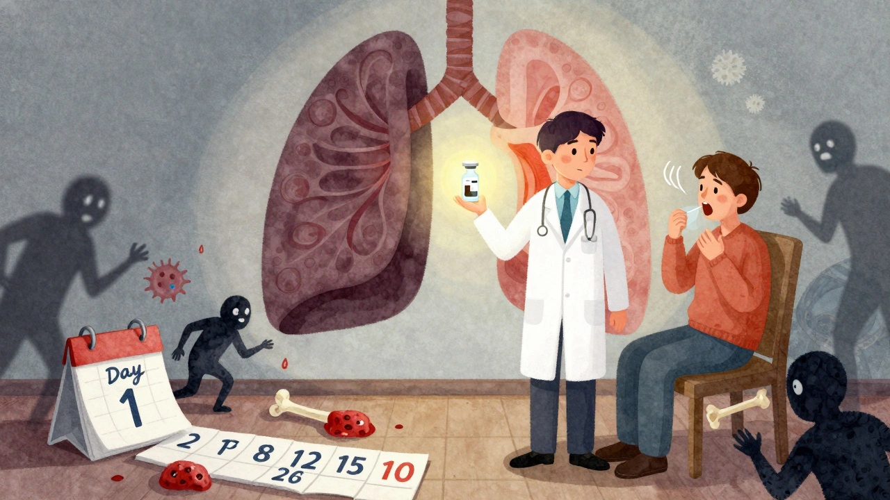 A doctor offers a corticosteroid vial to an asthma patient, while shadowy dangers creep closer as lungs transform from blocked to open.