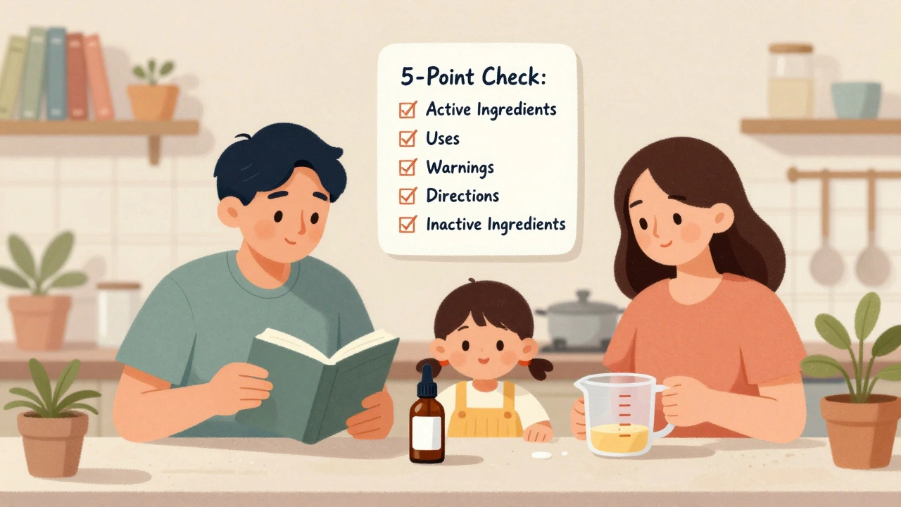A family checking medicine directions at home with a floating checklist and measuring cup.
