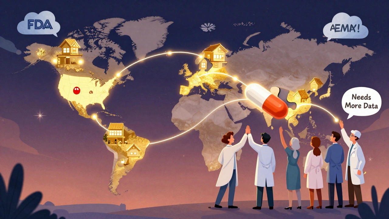 A global map shows U.S.-made combination drugs shining brightly, with scientists celebrating a puzzle-piece pill clicking into place.