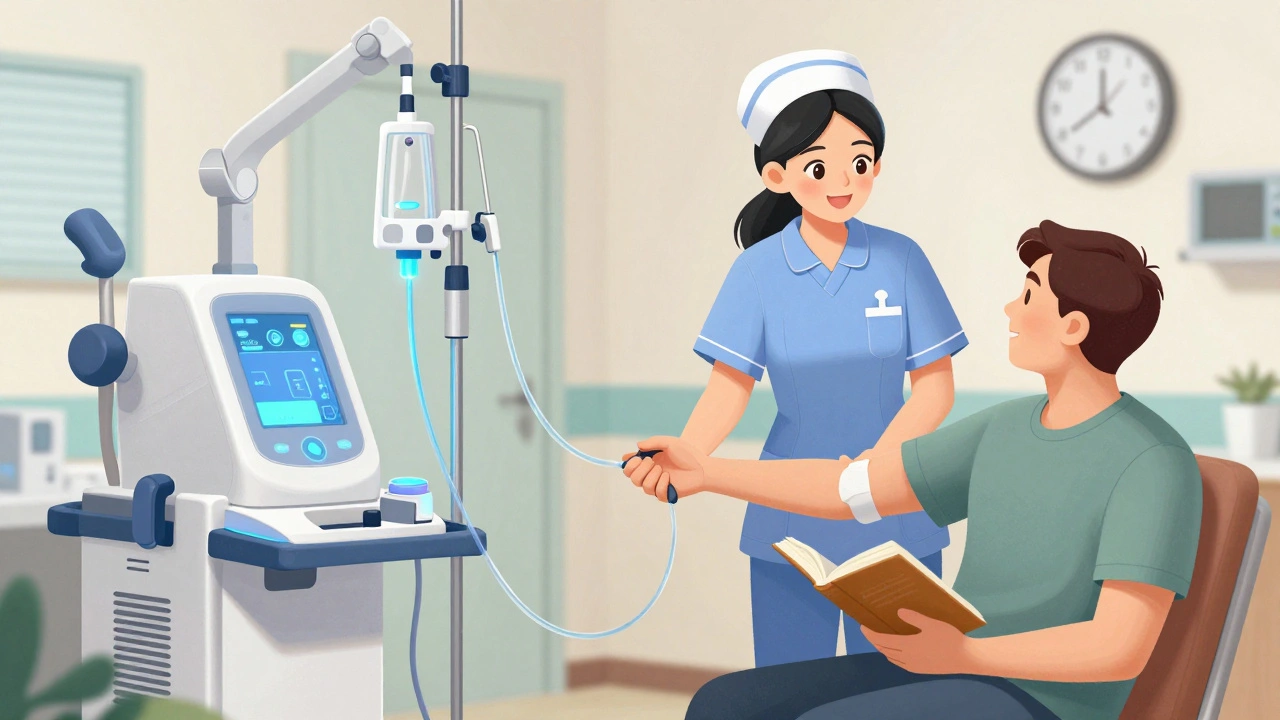 A nurse assisting a patient with hemodialysis in a bright clinic, tubes connected to a machine as the patient reads a book.