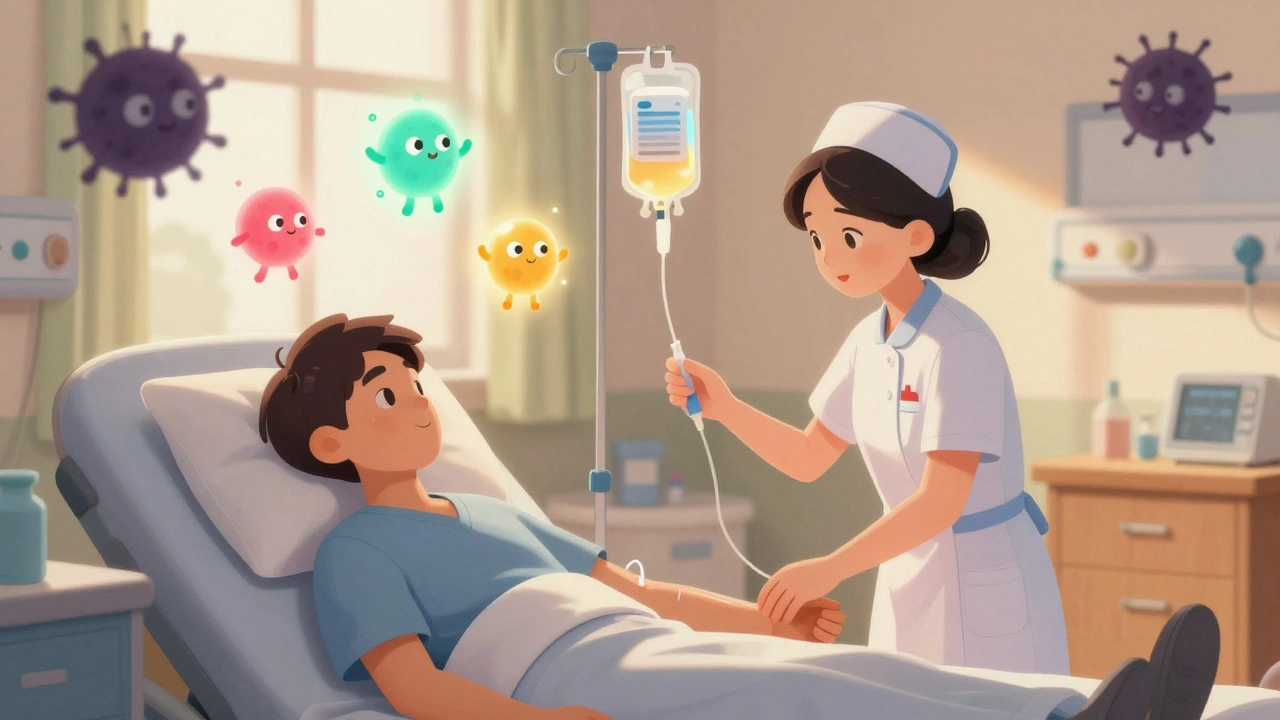 A nurse giving IVIG treatment as friendly antibody figures protect the patient from shadowy immune cells.