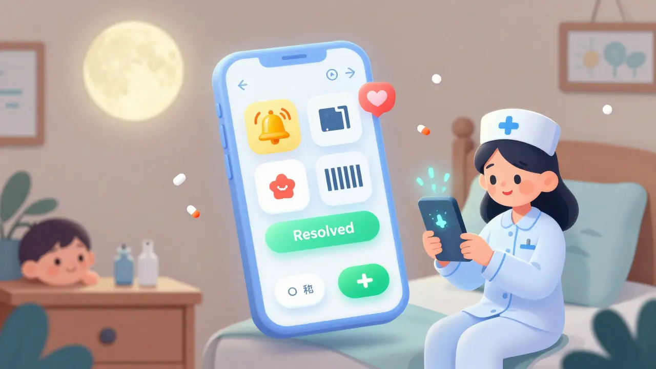A nurse receives a resolved alert on a cartoon-style mobile app under soft moonlight.