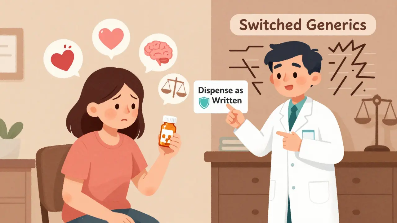 A patient consults a pharmacist about switching generics, with icons showing calm vs. chaotic health effects.