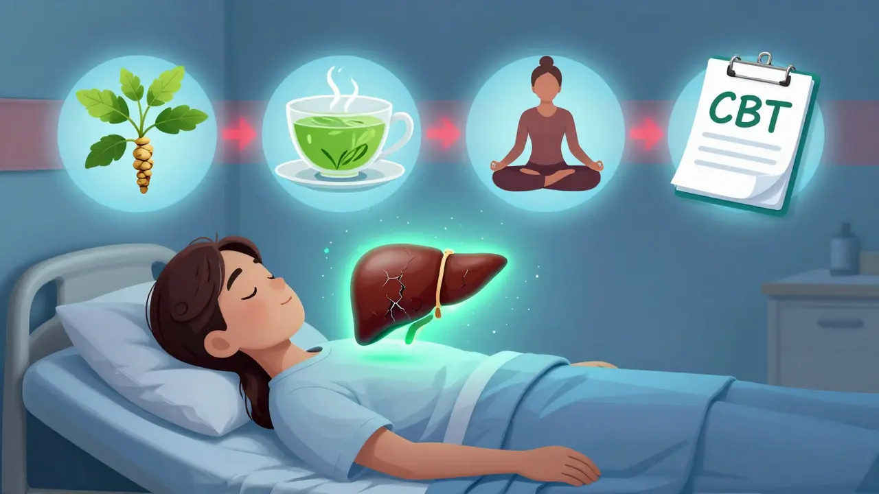 A patient in hospital with safe anxiety alternatives floating above, glowing softly in contrast to fading danger symbols.