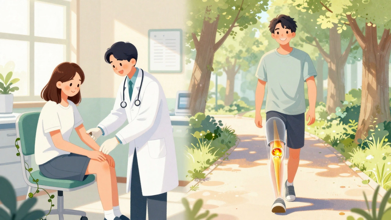 A patient receiving a knee injection in a sunlit clinic, with a translucent image of healthy joint fluid glowing inside their knee.