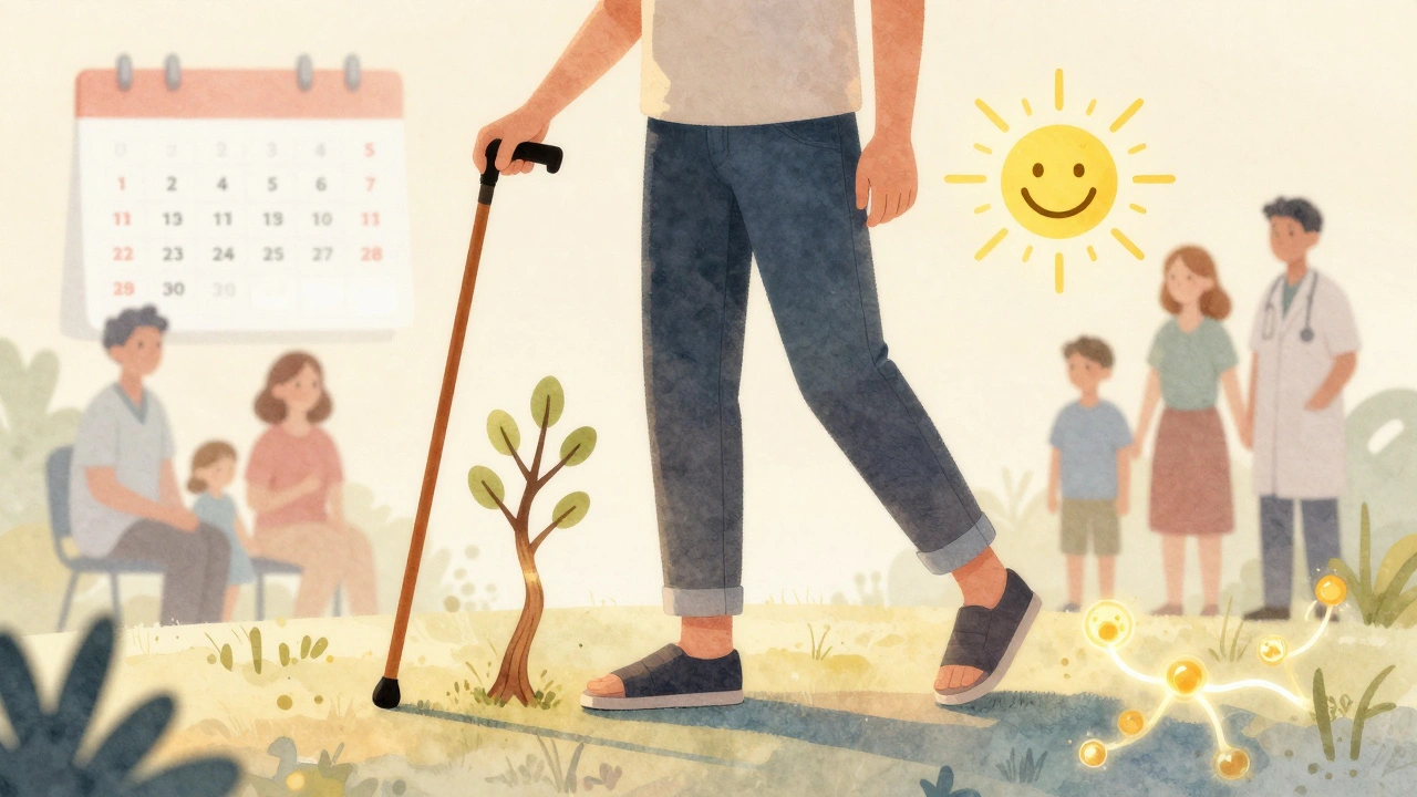 A person taking their first steps toward recovery, with symbols of healing and progress surrounding them.