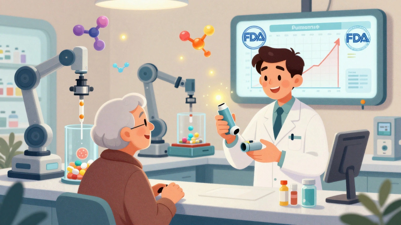 A pharmacist gives a precision inhaler to an elderly patient in a high-tech pharmacy filled with floating drug molecules.