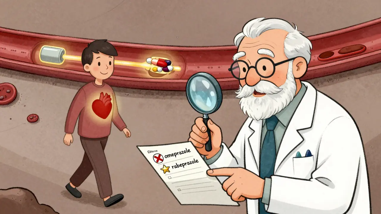 A pharmacist pointing to safe vs. unsafe pills for heart patients, in gentle storybook illustration.