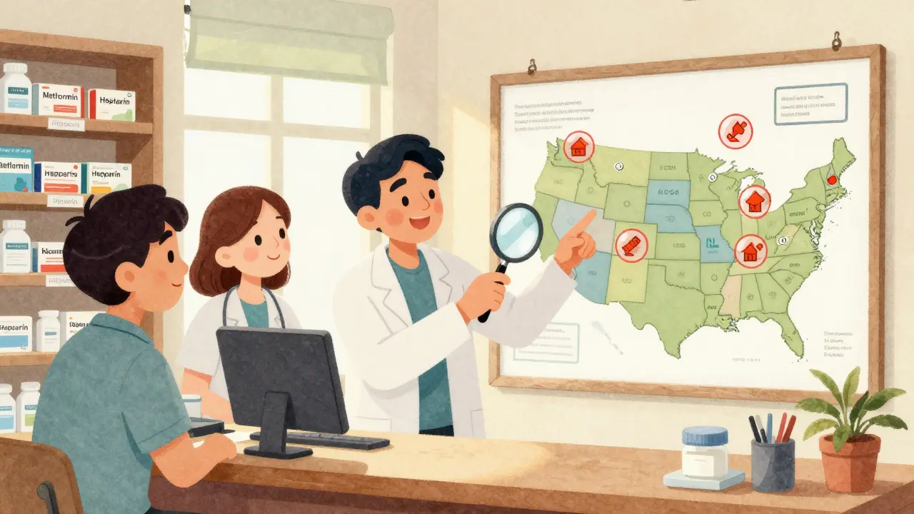 A pharmacist using a magnifying glass to show drug shortage hotspots on a map in a cozy pharmacy.