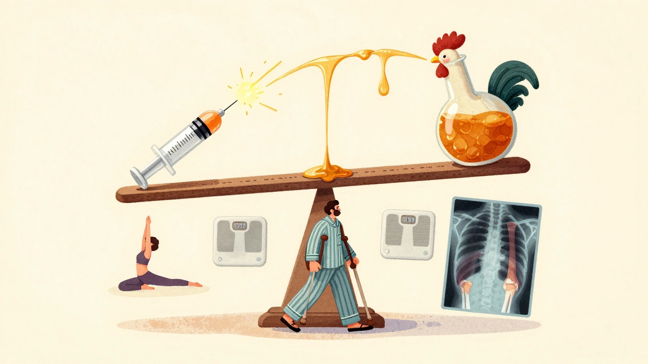 A whimsical scale comparing steroid and hyaluronic acid treatments, with a person walking from pain to comfort among medical symbols.
