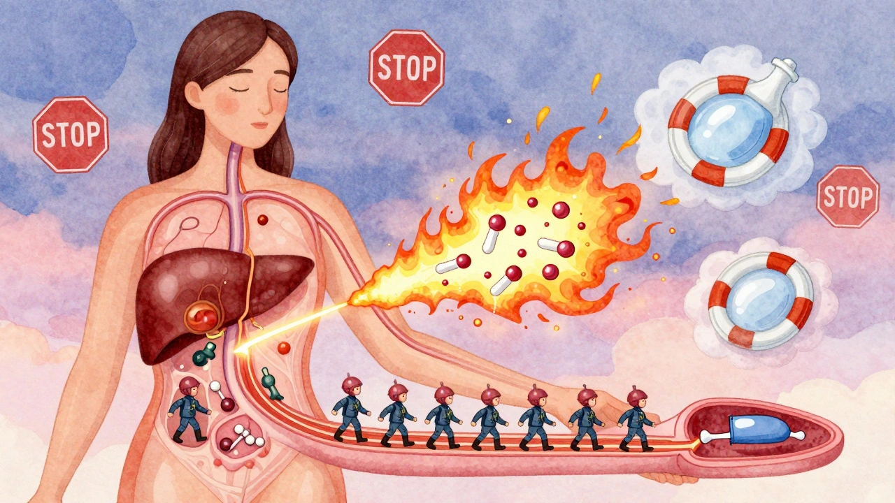 A woman&#039;s body with hormones being destroyed by enzymes, while a copper IUD glows safely as a shield.