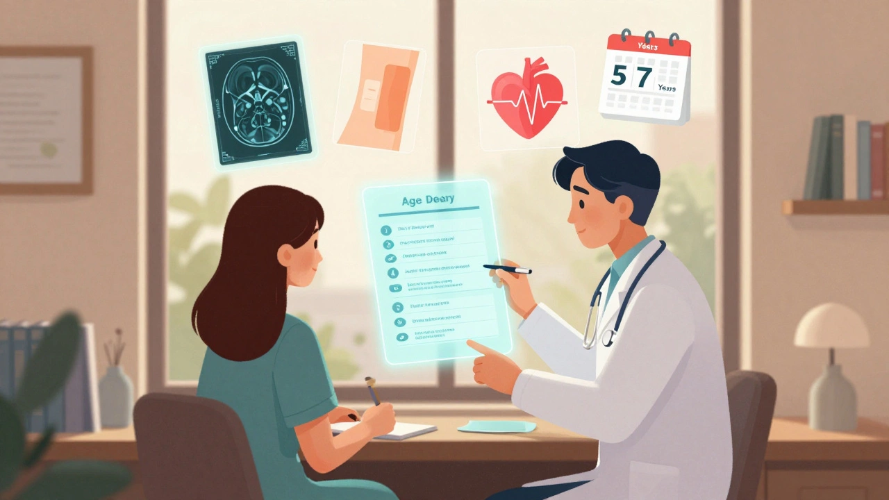 A woman and doctor review a glowing chart of menopause treatment options in a warm, book-filled office.