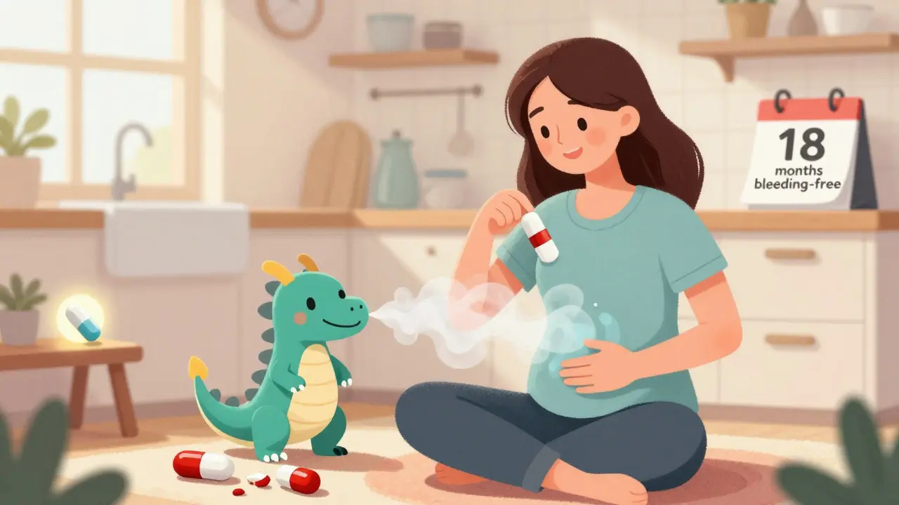 A woman safely taking celecoxib with a PPI dragon protecting her stomach, while dangerous NSAIDs lie broken nearby.