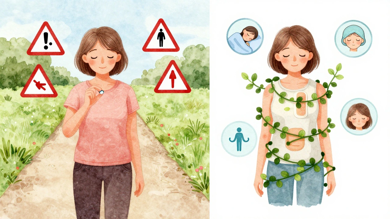 A woman stands between two paths—one risky, one safe—showing different hormone therapy methods.